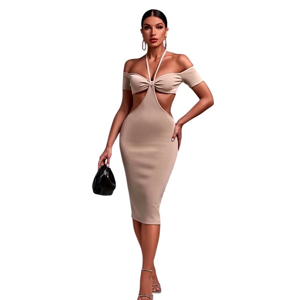 Amable Womens Tan Ribbed CutOut Halter NeckOff Shoulder Bodycon Midi Dress Sz S